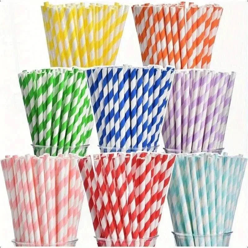 200Pcs Biodegradable Paper Straws – 8 Colors, Stripe Design, 7.75 in
