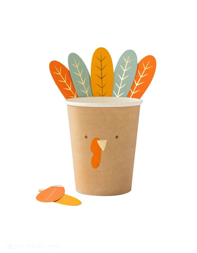 Thanksgiving Harvest Turkey Cups – 8 oz Paper Set of 8 with Feathers