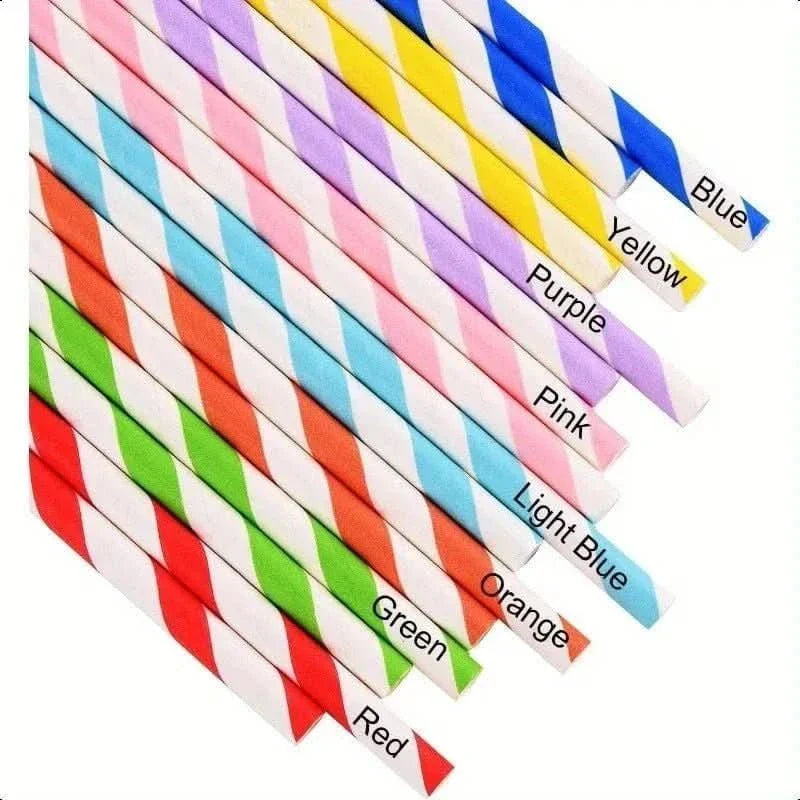 200Pcs Biodegradable Paper Straws – 8 Colors, Stripe Design, 7.75 in