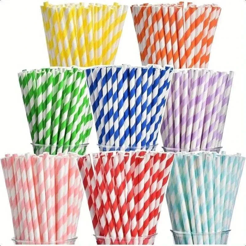 200Pcs Biodegradable Paper Straws – 8 Colors, Stripe Design, 7.75 in